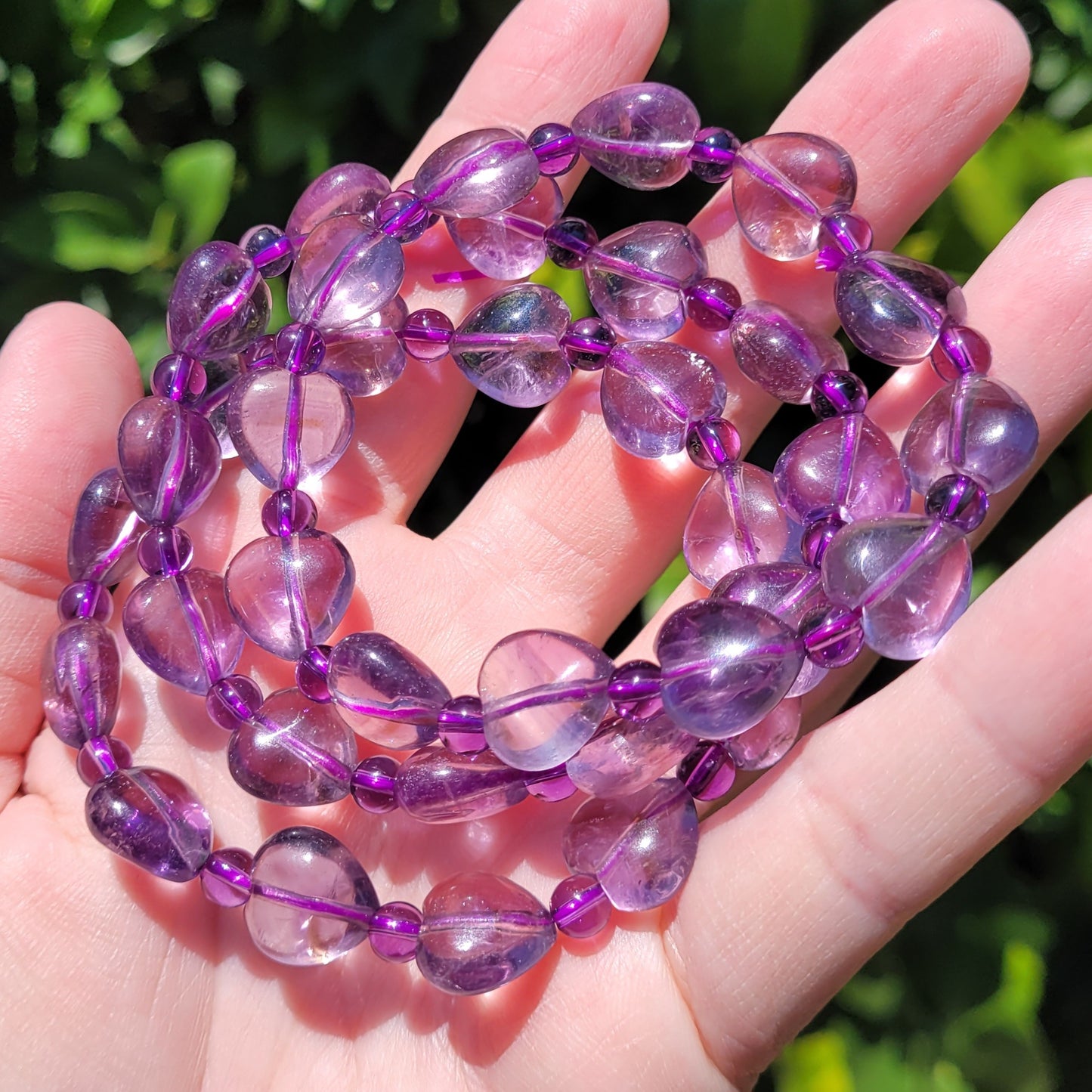 Amethyst Heart and Round Crystal Beaded Stretch Bracelet, 12.5mm and 5mm