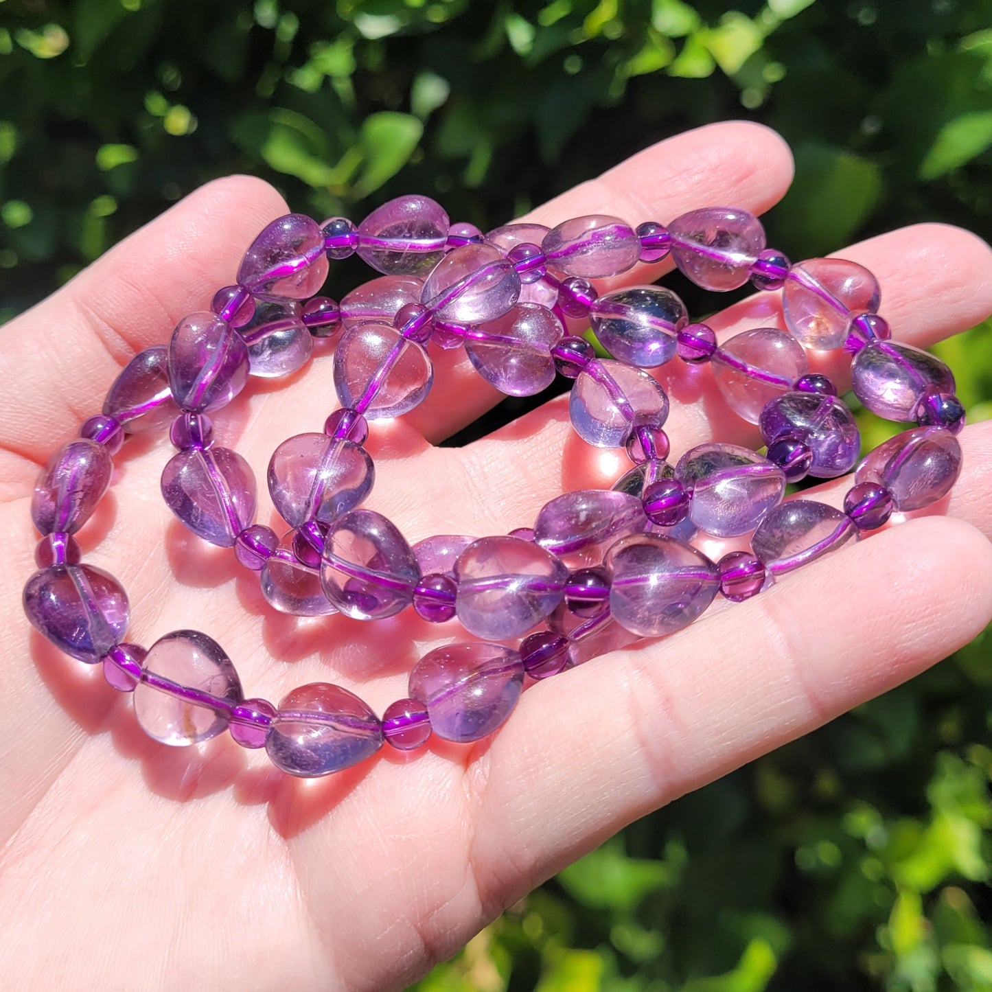 Amethyst Heart and Round Crystal Beaded Stretch Bracelet, 12.5mm and 5mm