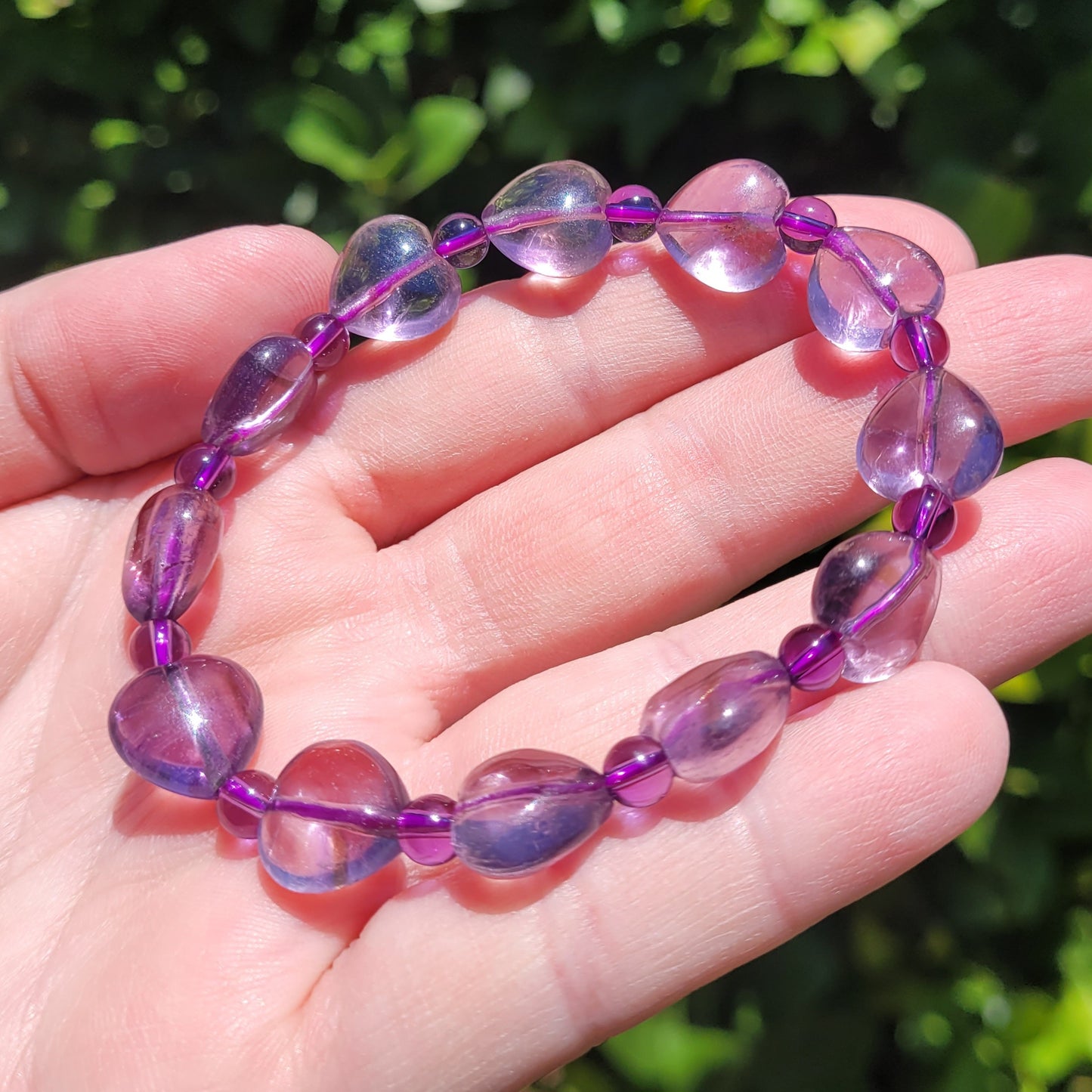 Amethyst Heart and Round Crystal Beaded Stretch Bracelet, 12.5mm and 5mm