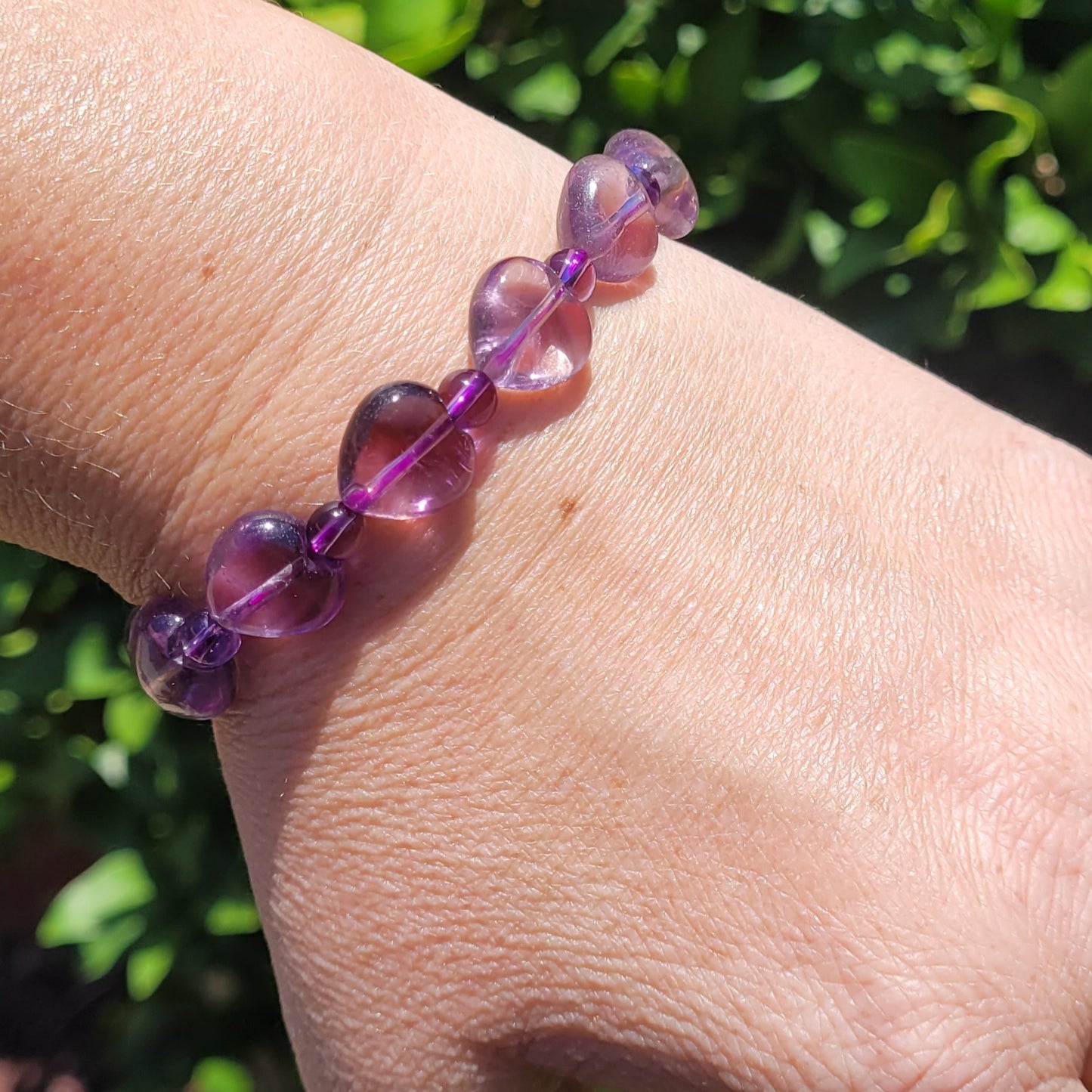 Amethyst Heart and Round Crystal Beaded Stretch Bracelet, 12.5mm and 5mm