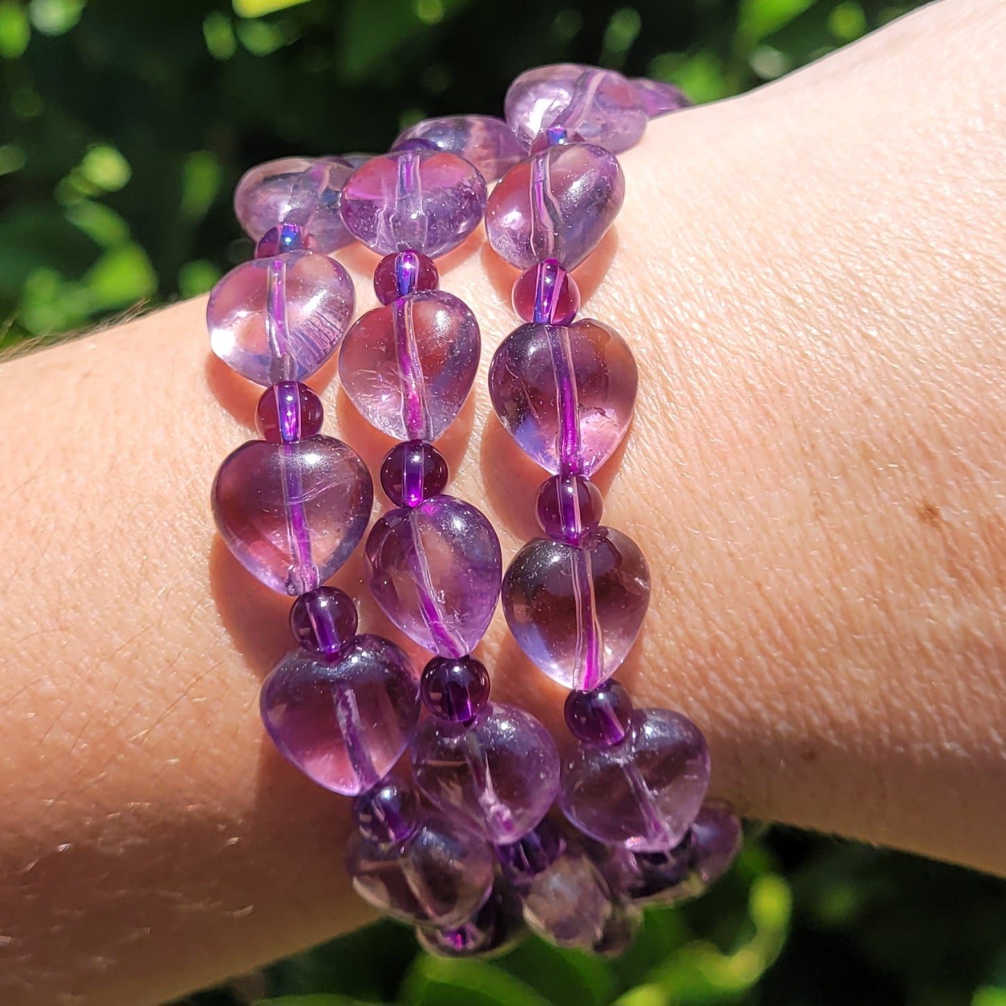 Amethyst Heart and Round Crystal Beaded Stretch Bracelet, 12.5mm and 5mm