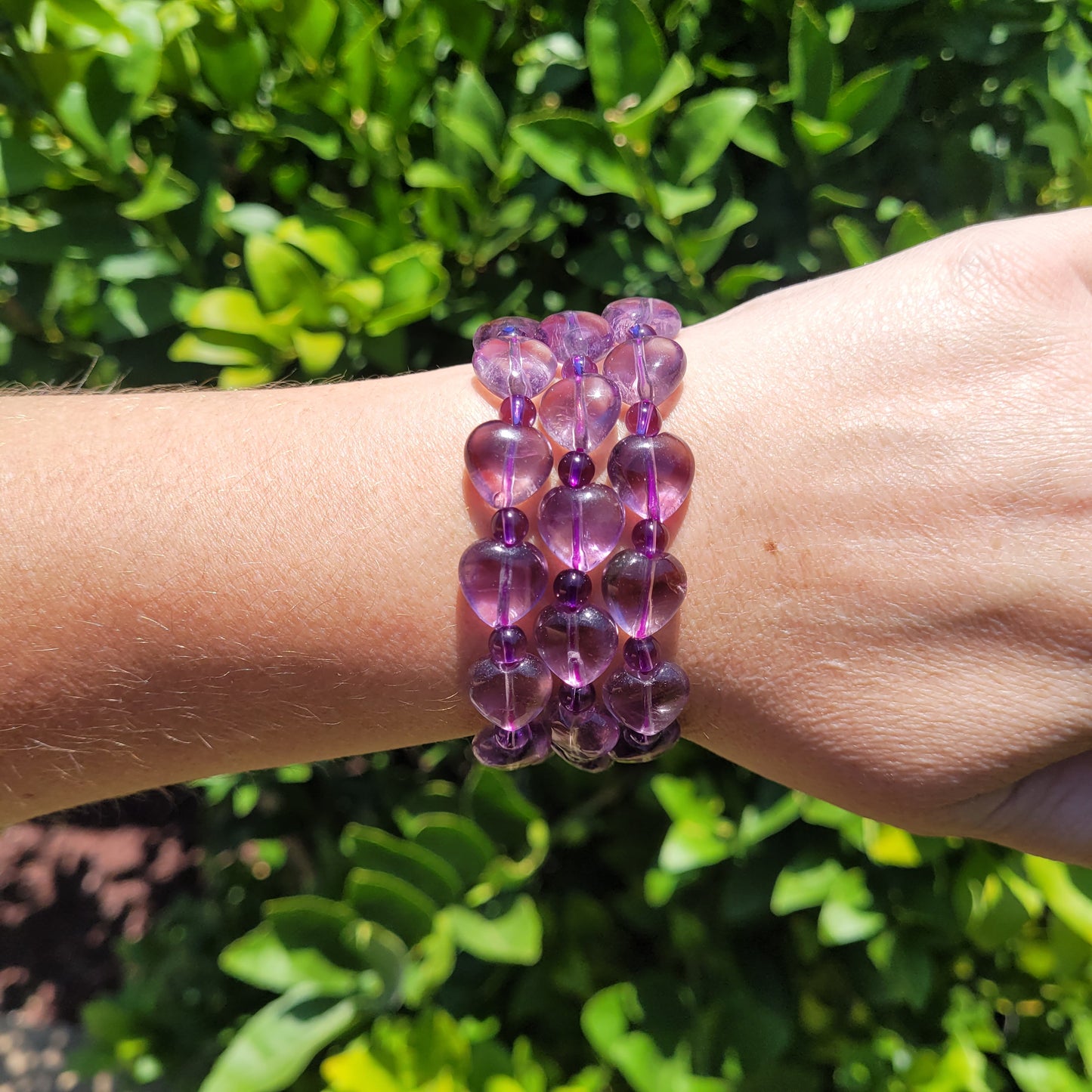 Amethyst Heart and Round Crystal Beaded Stretch Bracelet, 12.5mm and 5mm