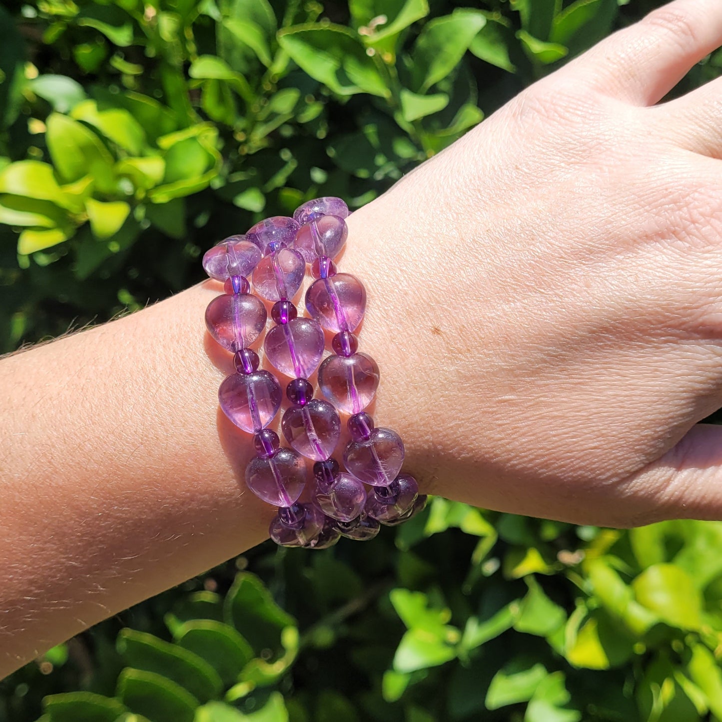 Amethyst Heart and Round Crystal Beaded Stretch Bracelet, 12.5mm and 5mm