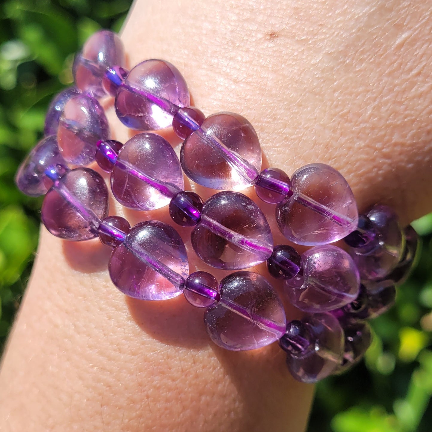 Amethyst Heart and Round Crystal Beaded Stretch Bracelet, 12.5mm and 5mm