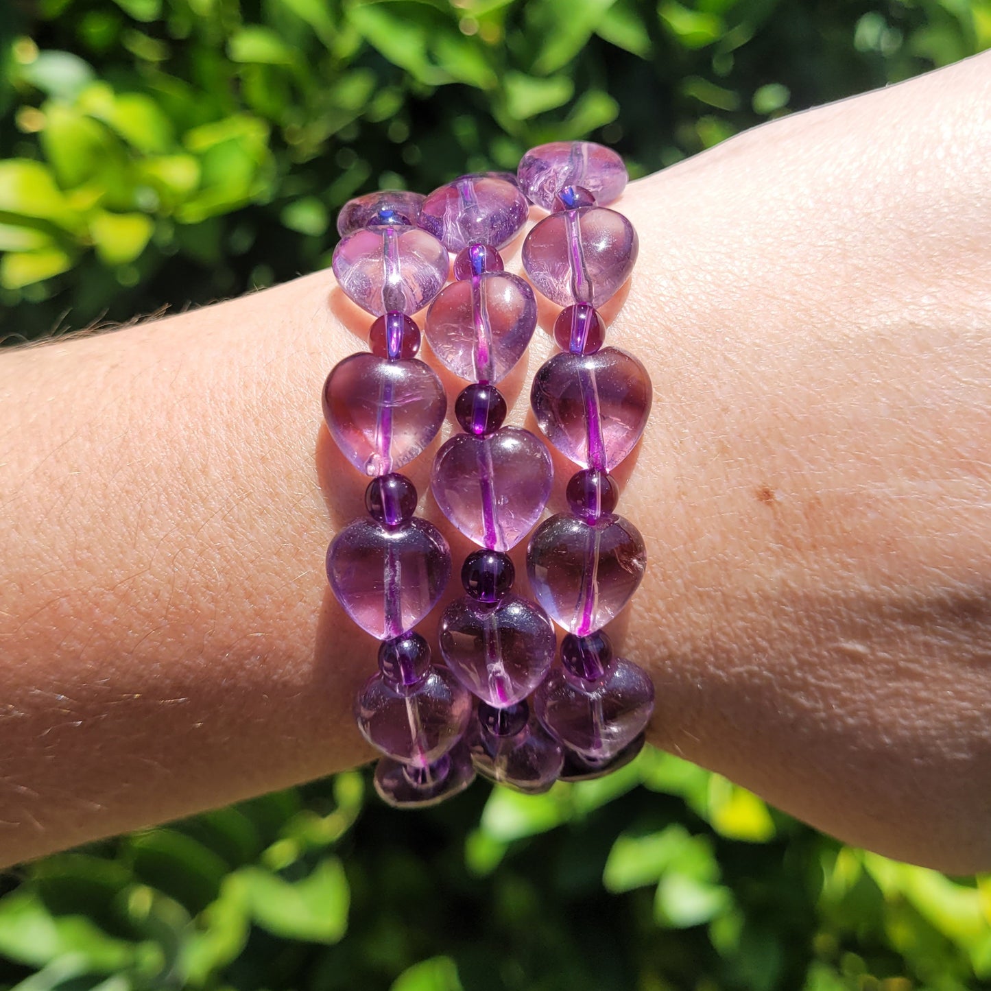 Amethyst Heart and Round Crystal Beaded Stretch Bracelet, 12.5mm and 5mm