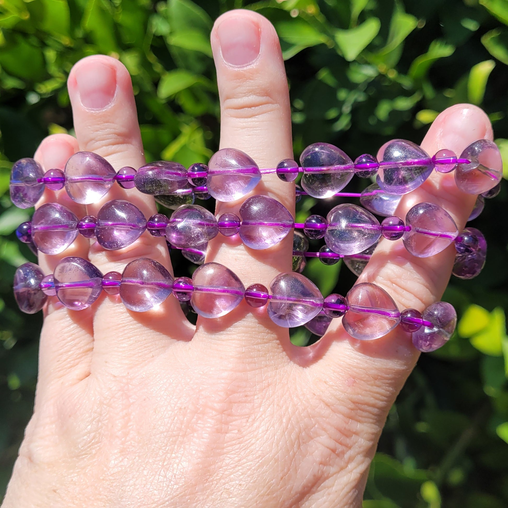 Amethyst Heart and Round Crystal Beaded Stretch Bracelet, 12.5mm and 5mm