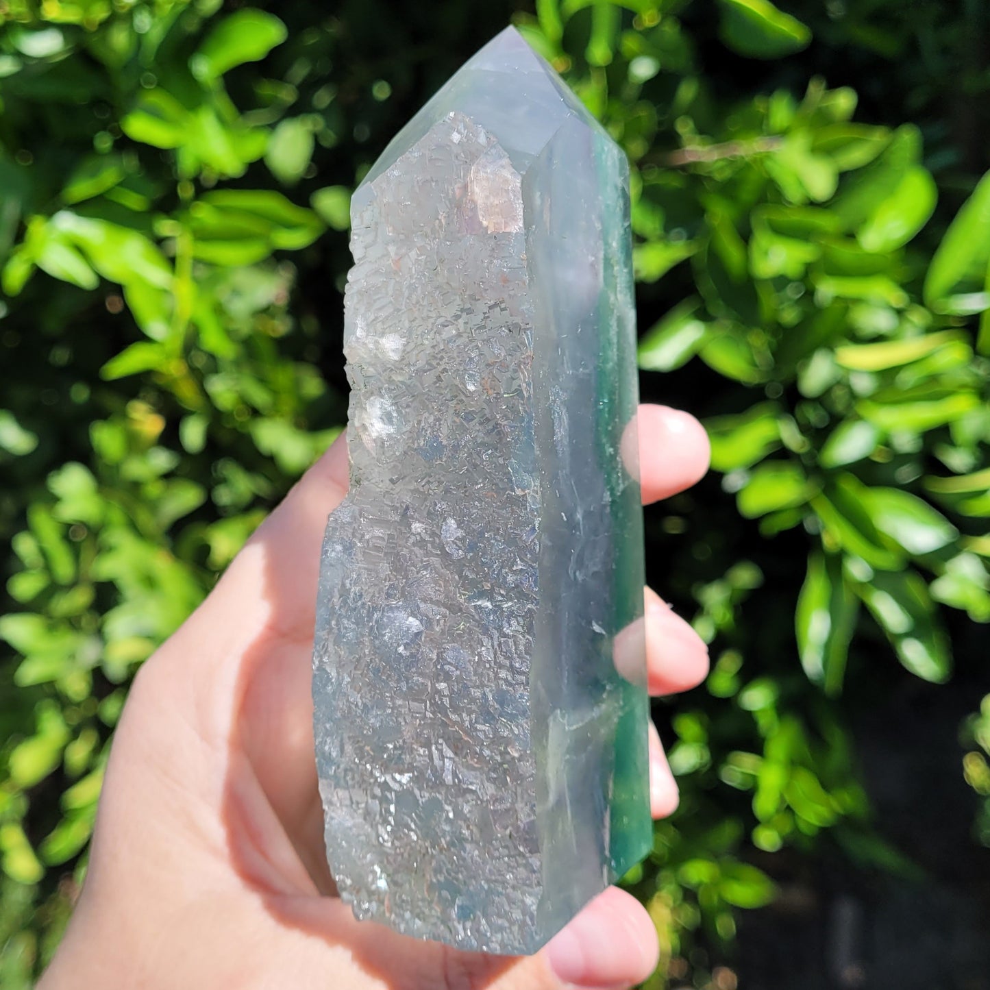Blue Green Fluorite Tower Crystal with Raw Edge