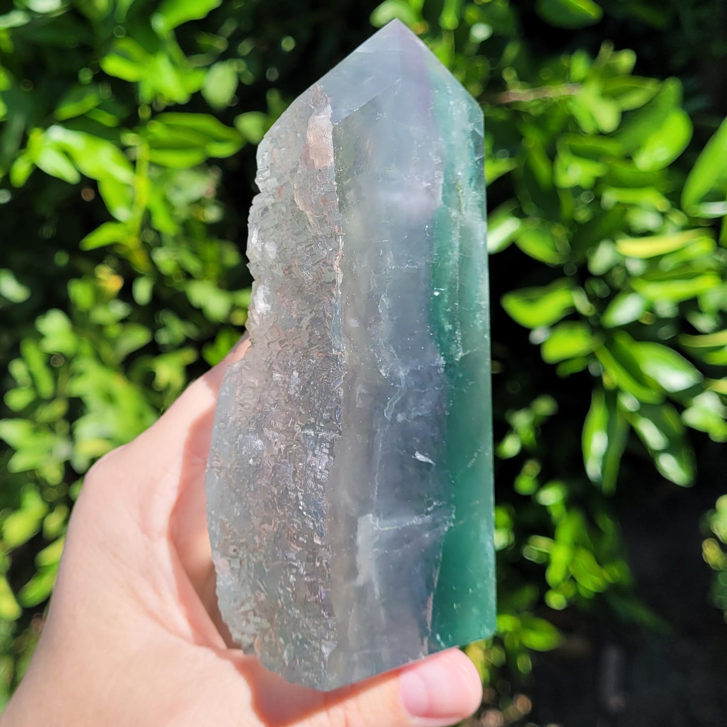 Blue Green Fluorite Tower Crystal with Raw Edge, 509g, 5.1"