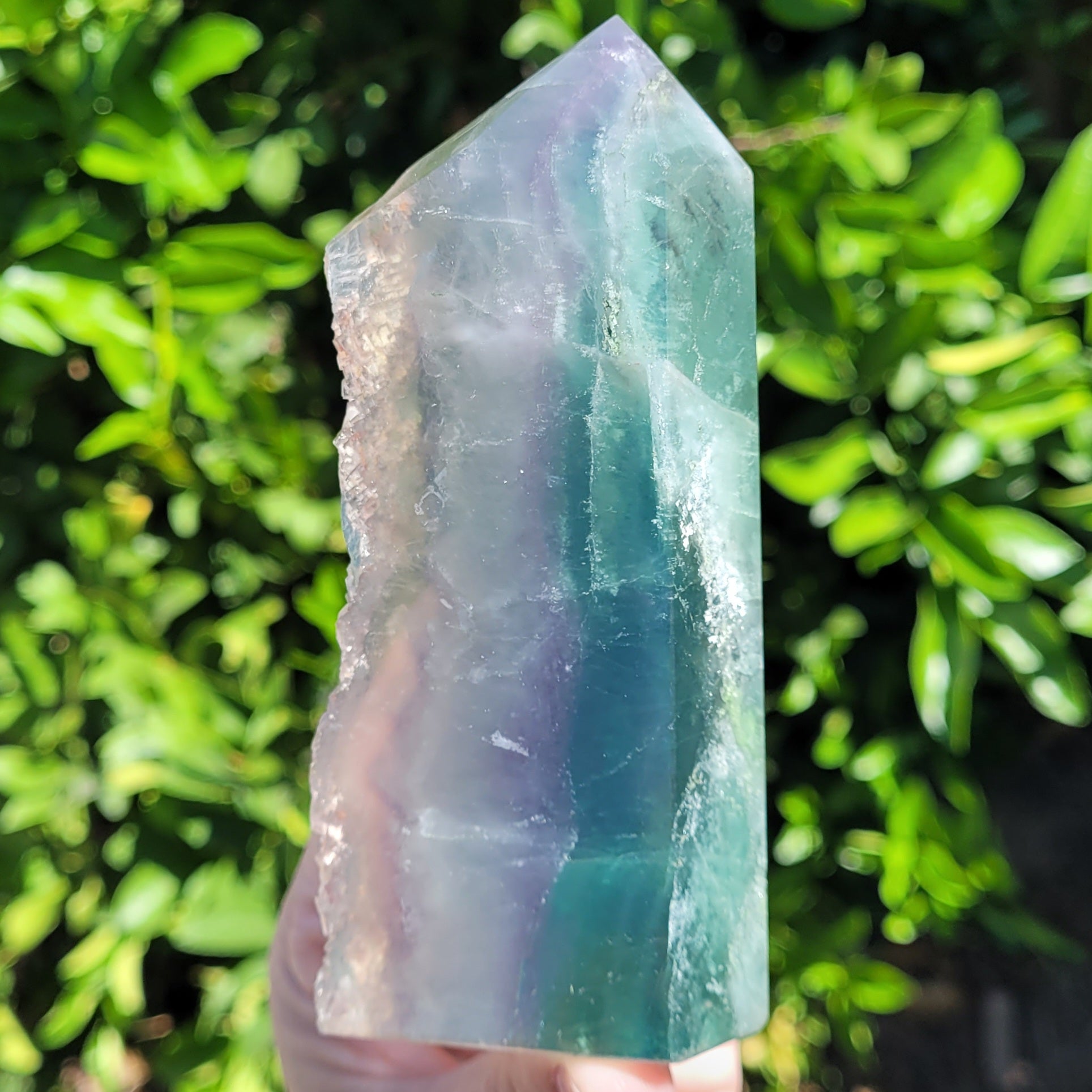 Blue Green Fluorite Tower Crystal with Raw Edge