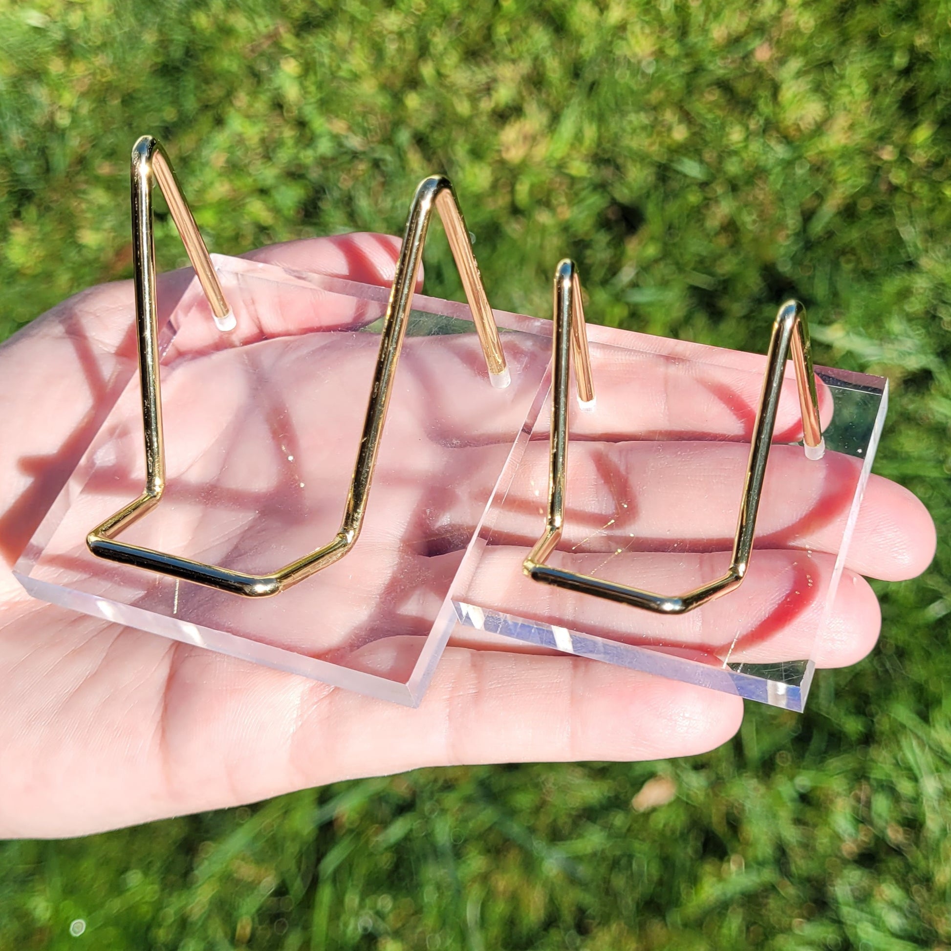 Gold Museum Style Acrylic and Metal Display Stands for Hearts, Geodes, Products