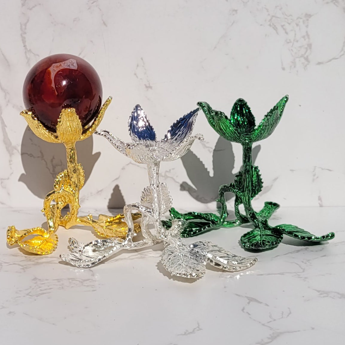 Metal Flower Sphere Display Stands in Gold, Silver or Green, for Crystal Balls 1.5" to 3.2"
