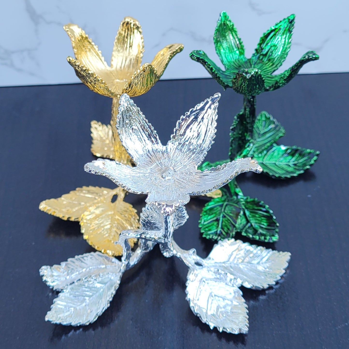 Metal Flower Sphere Display Stands in Gold, Silver or Green, for Crystal Balls 1.5" to 3.2"