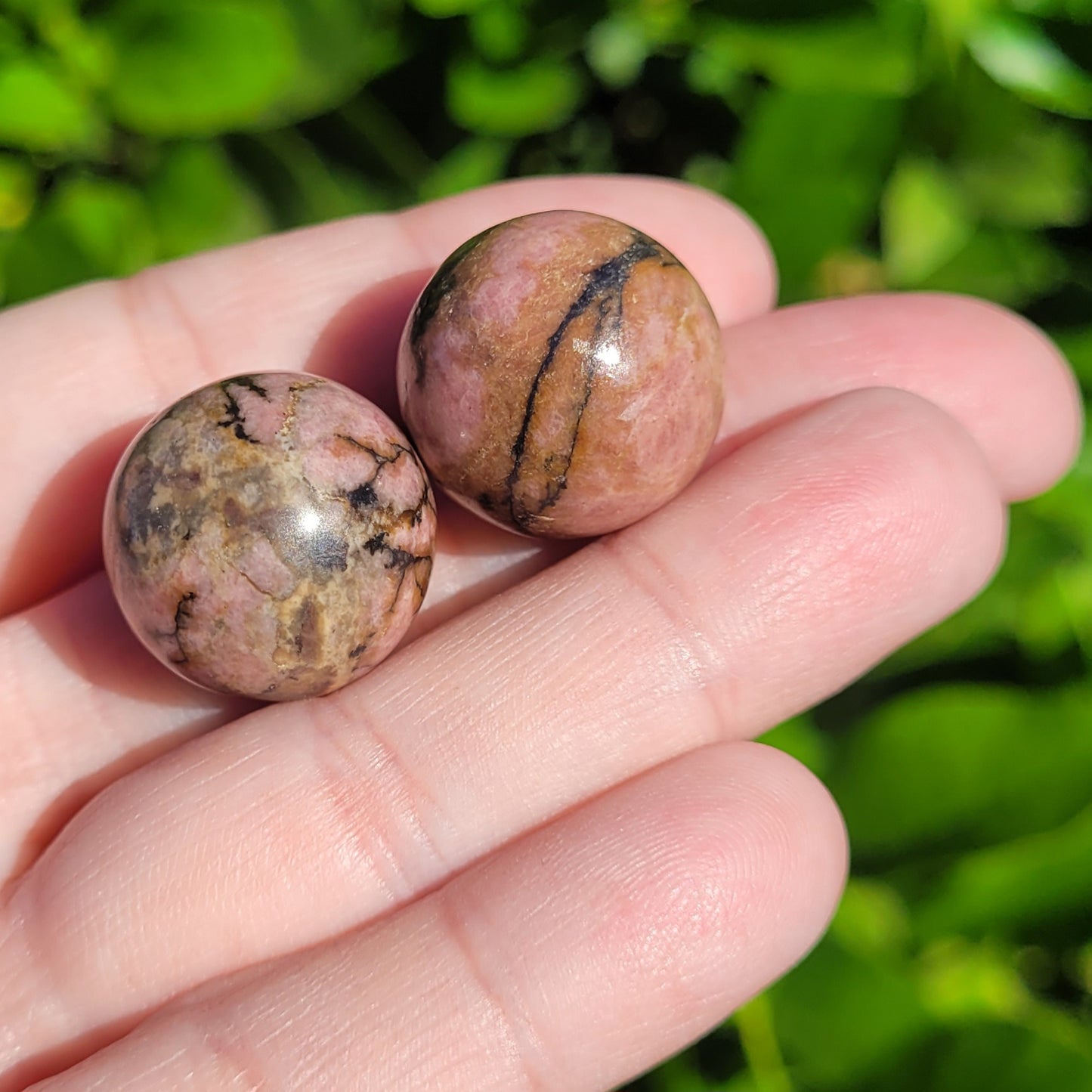 Pink, Orange and Black Rhodonite Mini Crystal Sphere, 8", 20mm