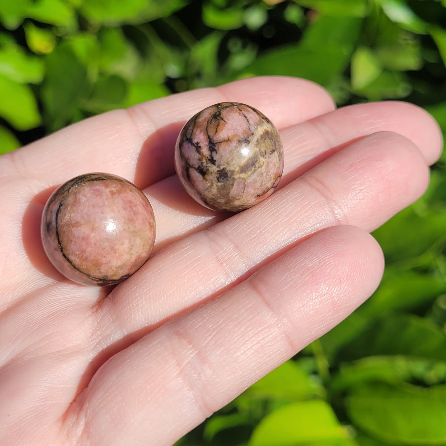 Pink, Orange and Black Rhodonite Mini Crystal Sphere, 8", 20mm