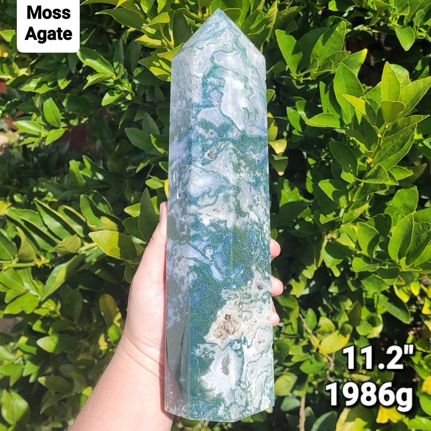 Large Druzy Moss Agate Crystal Tower, 1986g 11.2" (#4)