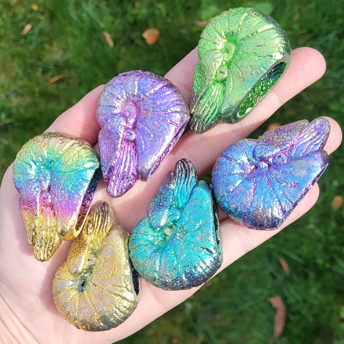 Bismuth Nautilus Sculptures in Rainbow and Single Colors, Made by The Bismuth Smith