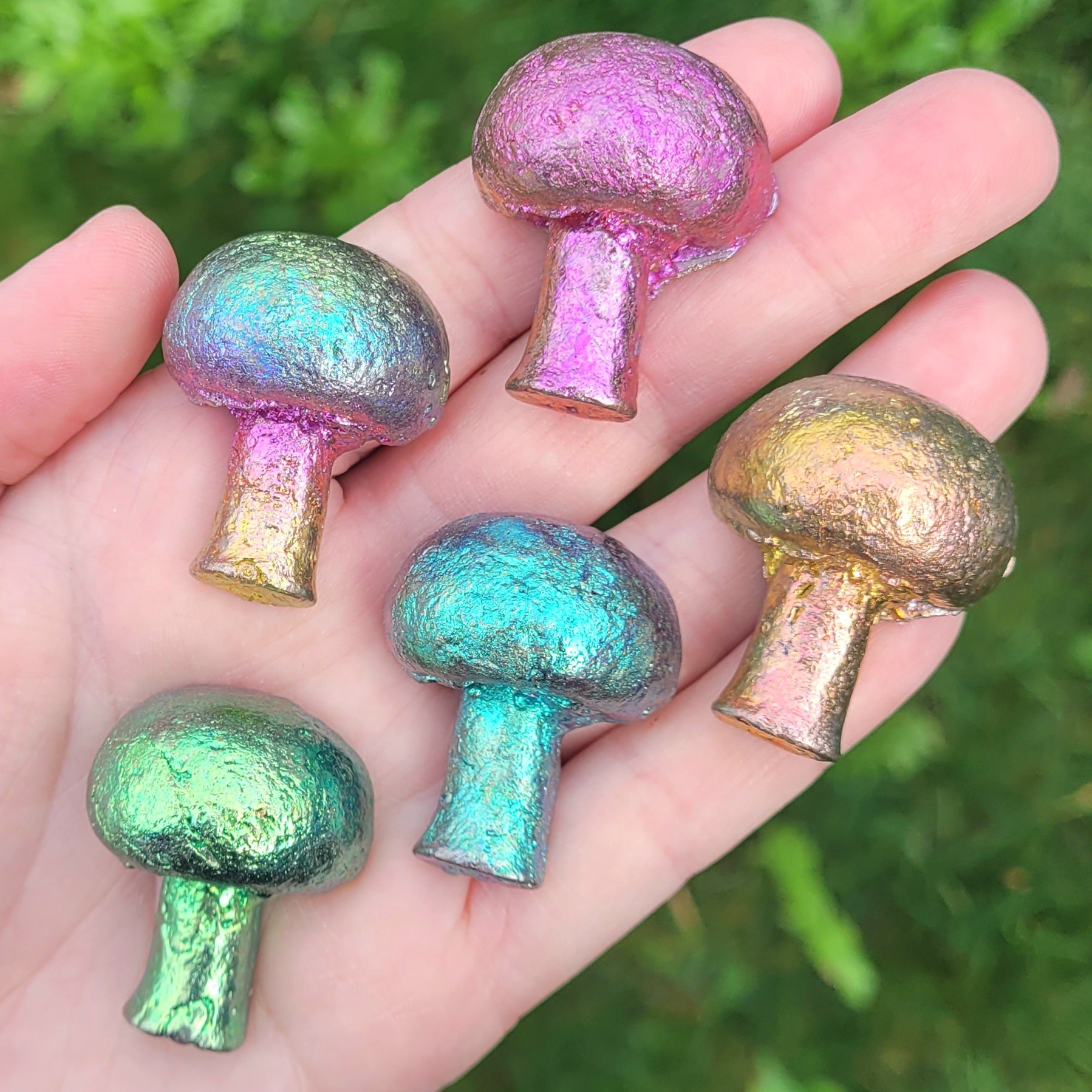 Bismuth Mushrooms in pink, blue, green, gold, and rainbow