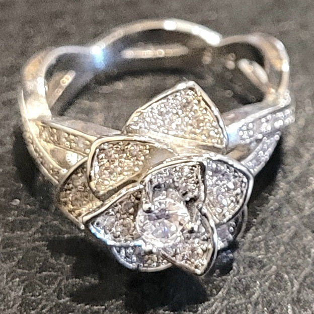 White Sapphire Rose Sterling Silver Plated Ladies Ring- Sizes 6, 6.75, 7, 9, 9.25