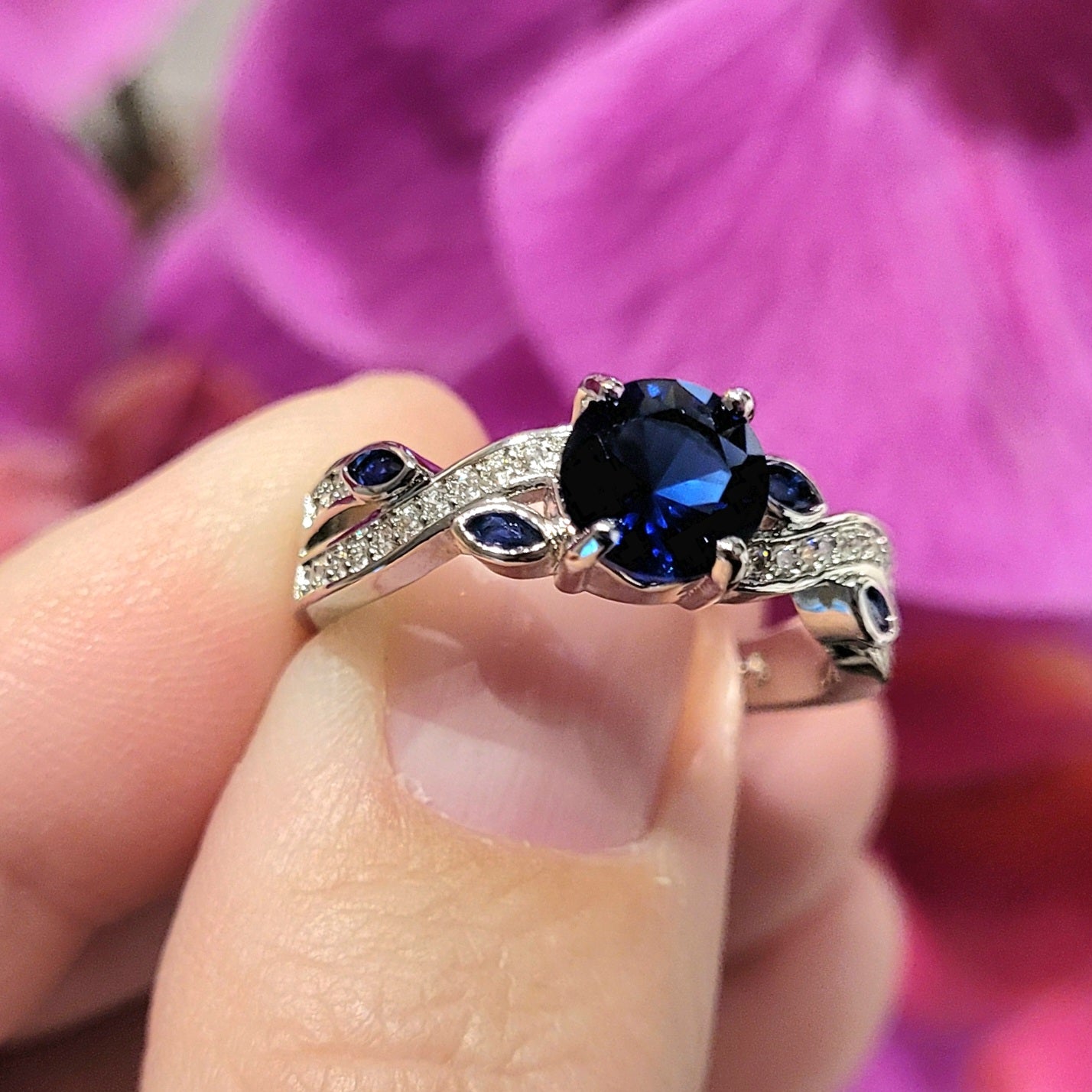 Dark Blue Round Sapphire Leaf Style Sterling Silver Plated Ladies Ring- Sizes 6, 6.75, 7.75, 8, 9