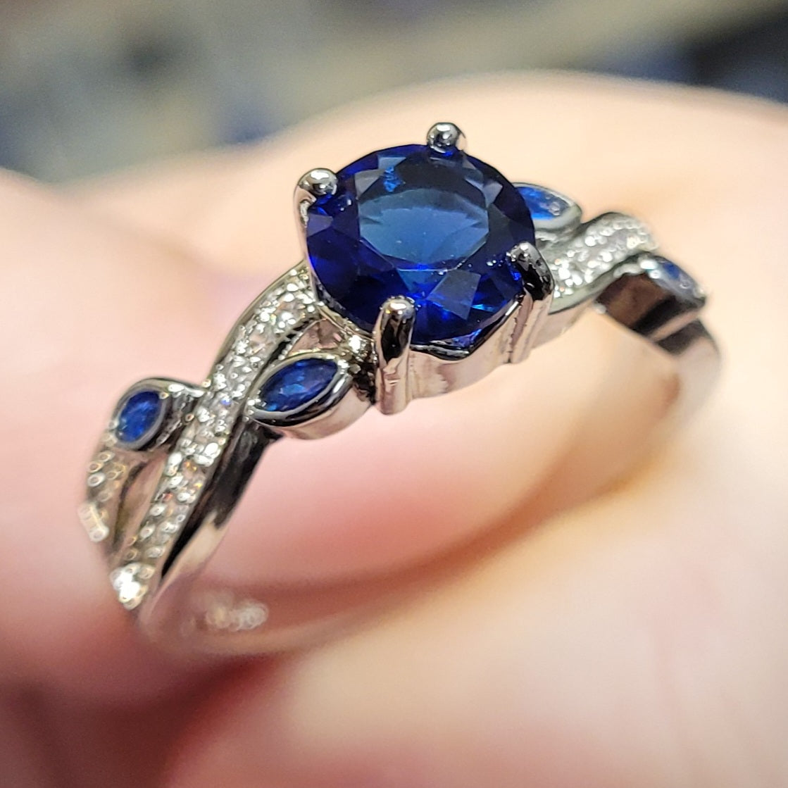 Dark Blue Round Sapphire Leaf Style Sterling Silver Plated Ladies Ring- Sizes 6, 6.75, 7.75, 8, 9