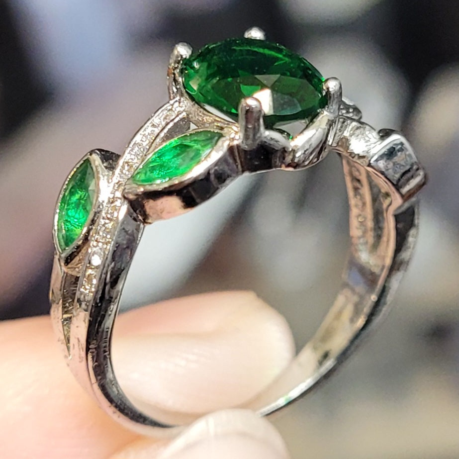 Emerald Green Oval Sapphire Leaf Style Sterling Silver Plated Ladies Ring- Sizes 6, 7, 8.25, 9