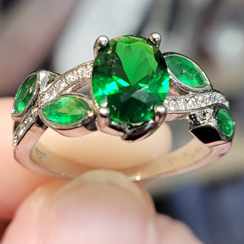 Emerald Green Oval Sapphire Leaf Style Sterling Silver Plated Ladies Ring- Sizes 6, 7, 8.25, 9