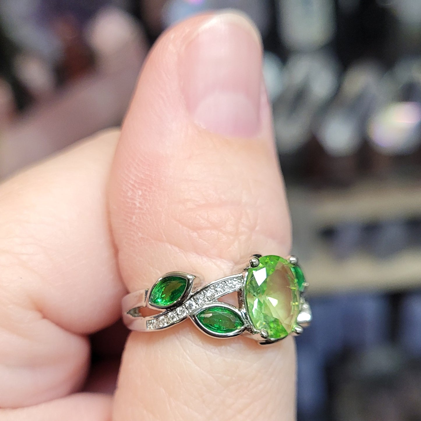 Light Green Oval Sapphire Leaf Style Sterling Silver Plated Ladies Ring- Sizes 6, 7, 8, 9