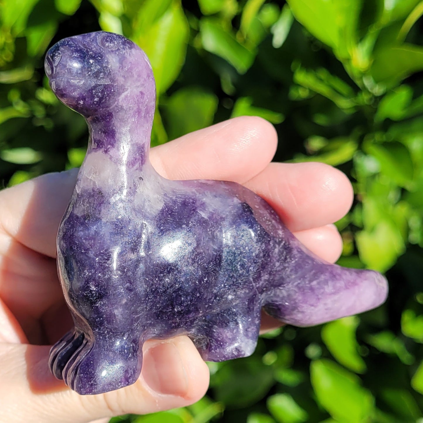 Lepidolite Purple Dinosaur, Brachiosaurus Freestanding Crystal Carving 4"