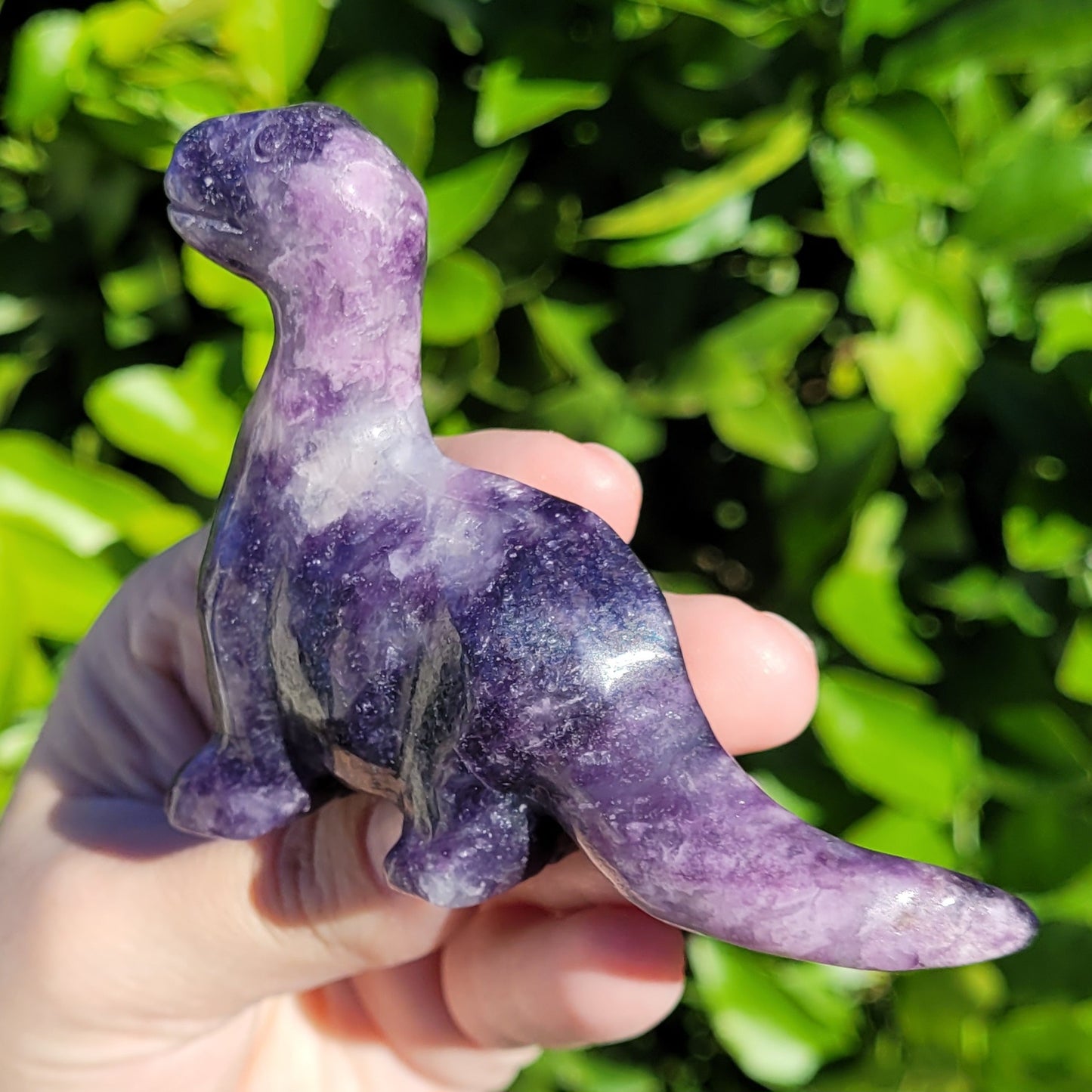 Lepidolite Purple Dinosaur, Brachiosaurus Freestanding Crystal Carving 4"