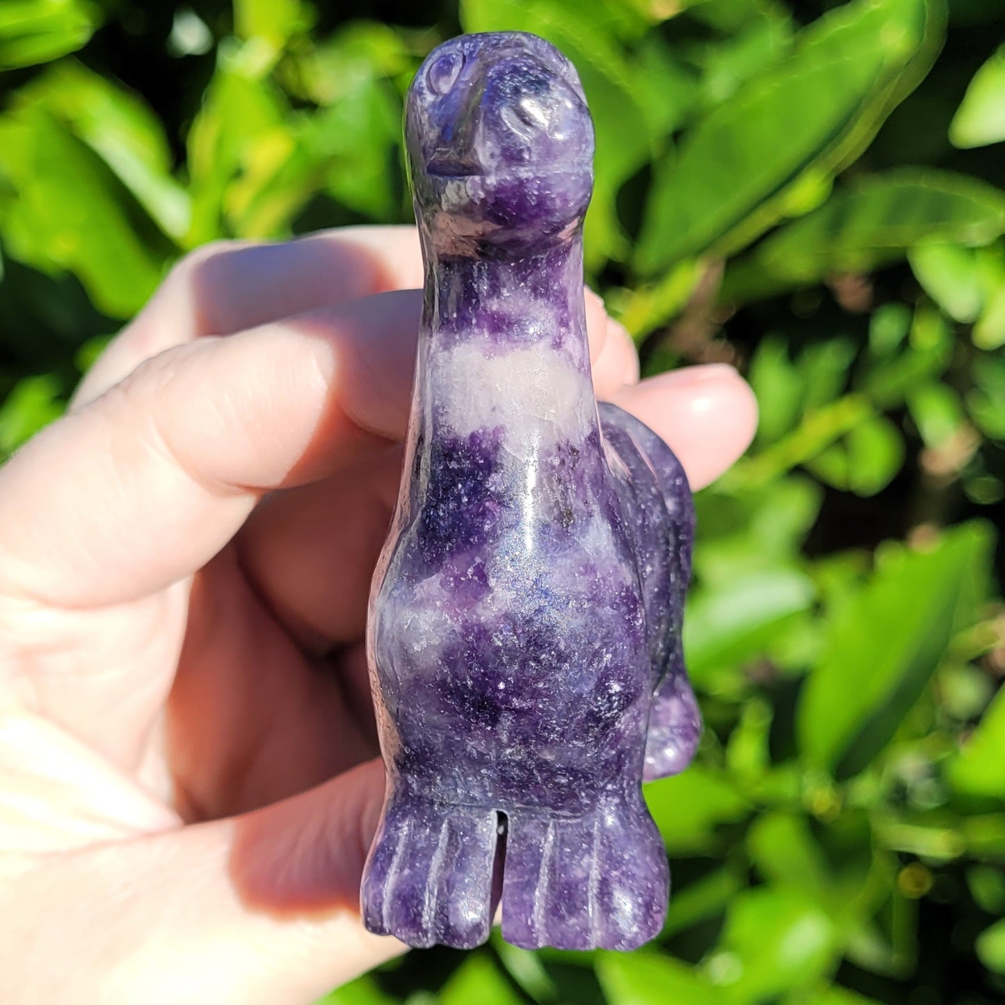 Lepidolite Purple Dinosaur, Brachiosaurus Freestanding Crystal Carving 4"