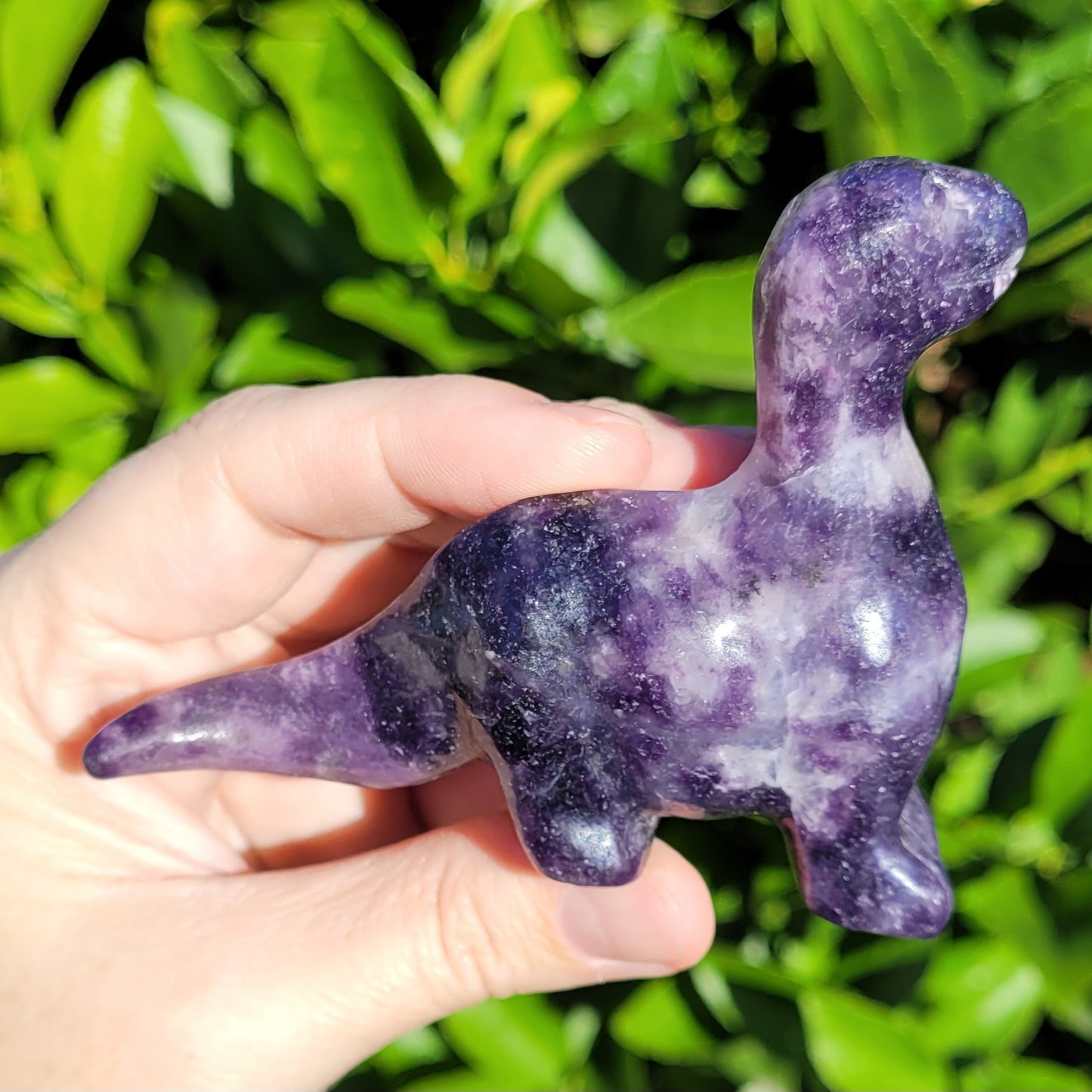 Lepidolite Purple Dinosaur, Brachiosaurus Freestanding Crystal Carving 4"