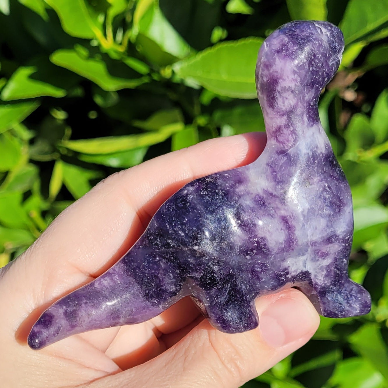 Lepidolite Purple Dinosaur, Brachiosaurus Freestanding Crystal Carving 4"