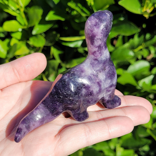 Lepidolite Purple Dinosaur, Brachiosaurus Freestanding Crystal Carving 4"