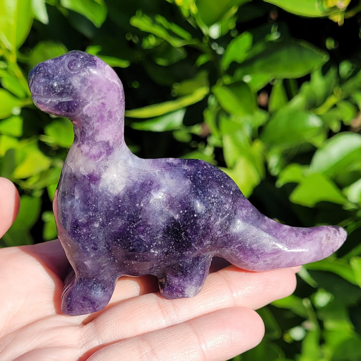 Lepidolite Purple Dinosaur, Brachiosaurus Freestanding Crystal Carving 4"