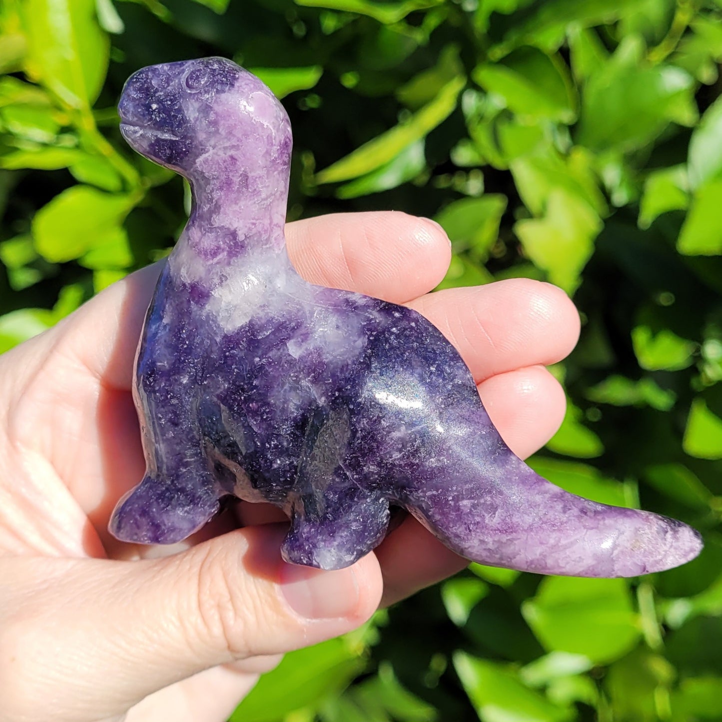 Lepidolite Purple Dinosaur, Brachiosaurus Freestanding Crystal Carving 4"