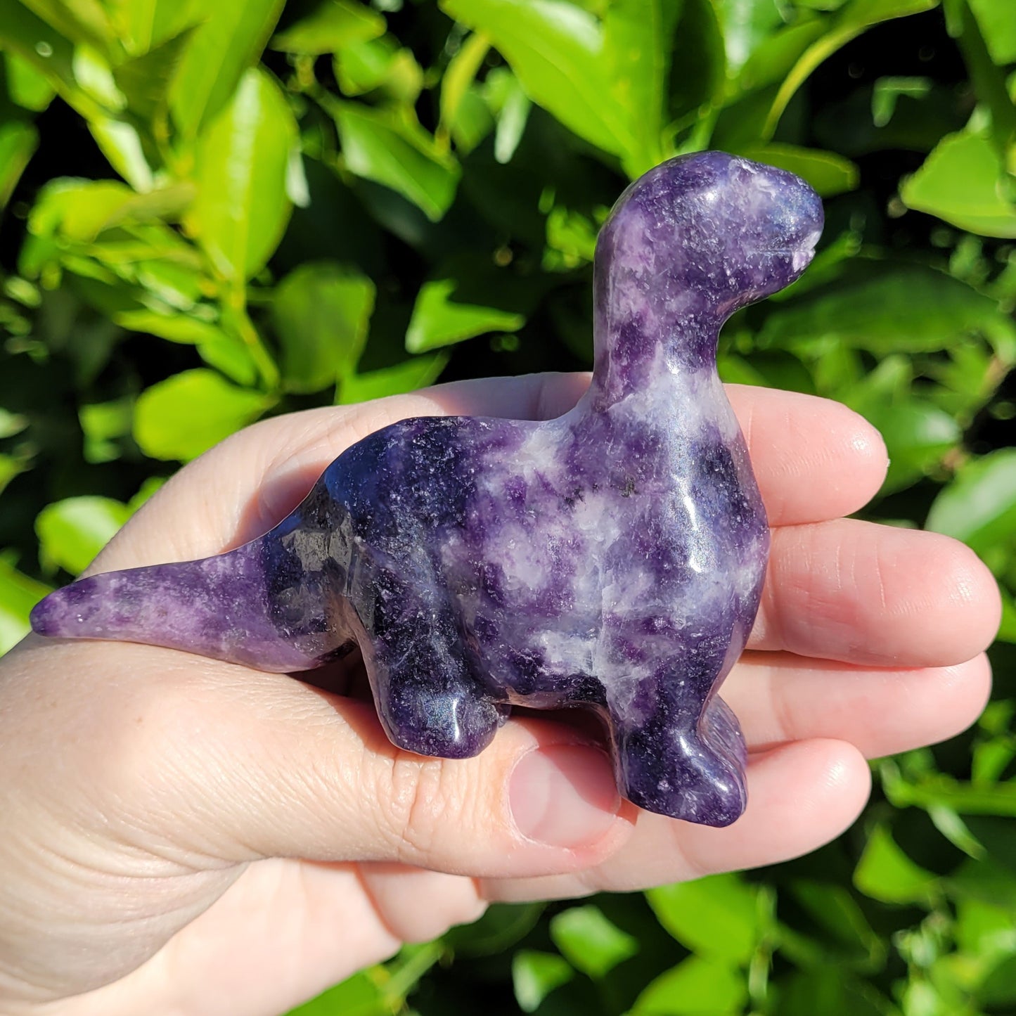 Lepidolite Purple Dinosaur, Brachiosaurus Freestanding Crystal Carving 4"