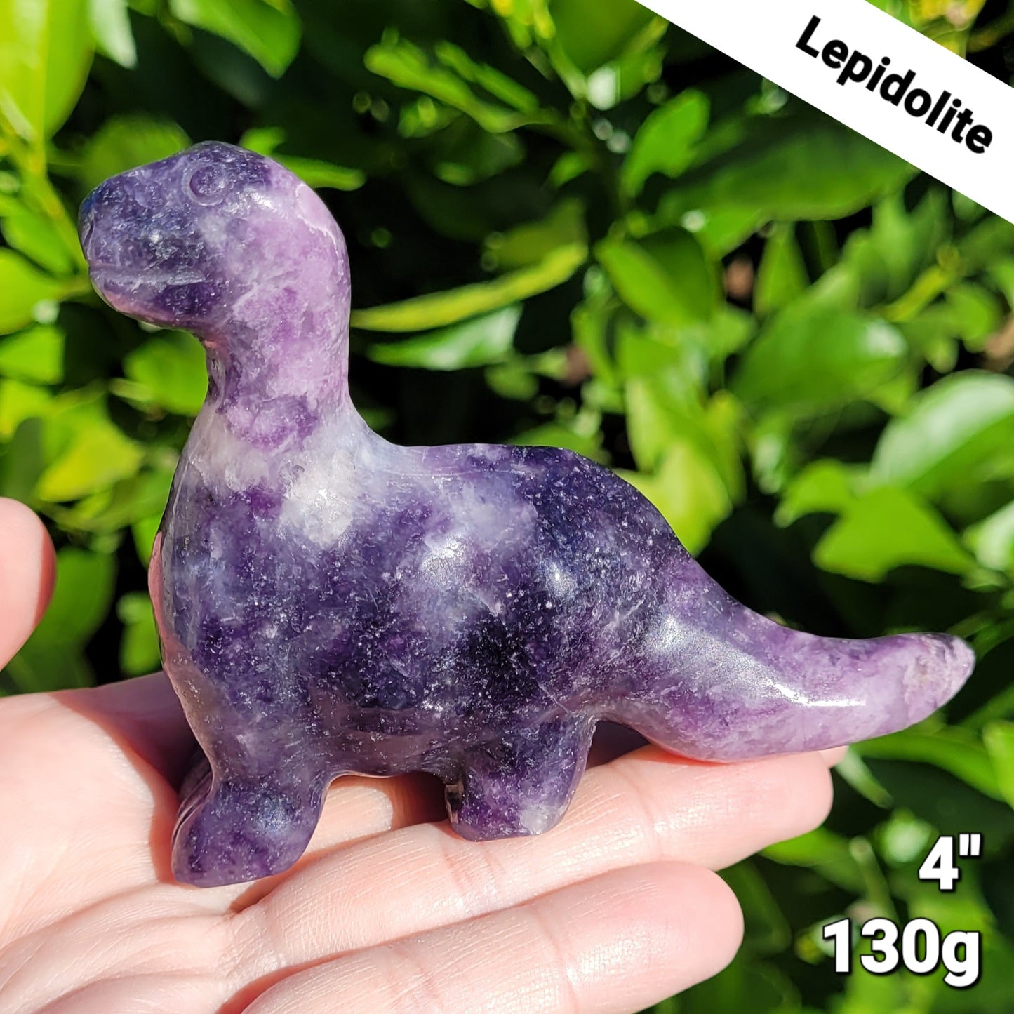 Lepidolite Purple Dinosaur, Brachiosaurus Freestanding Crystal Carving 4"