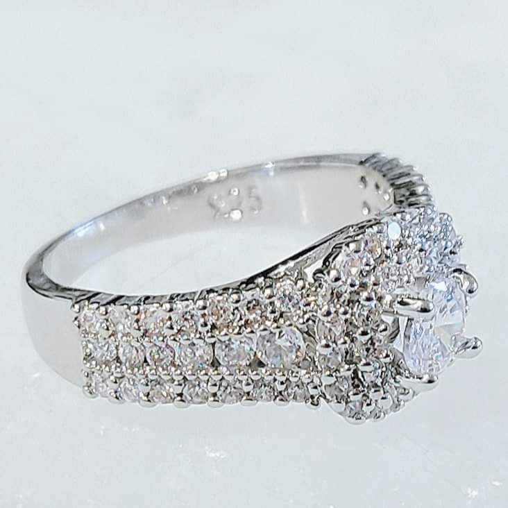 White Sapphire Wedding Bling Sterling Silver Plated Ladies Ring- Sizes 6, 9