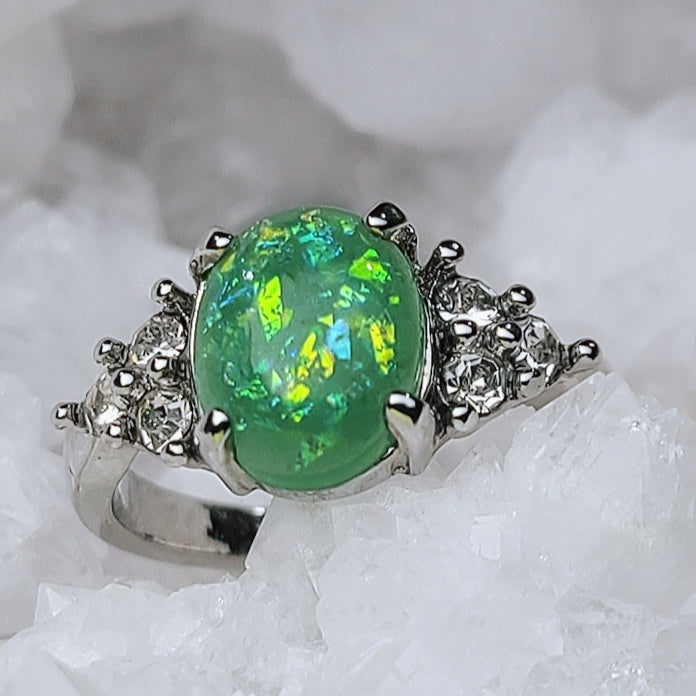 Green Opal Oval Sterling Silver Plated Ladies Ring- Sizes 6.25, 7, 9, 9.5