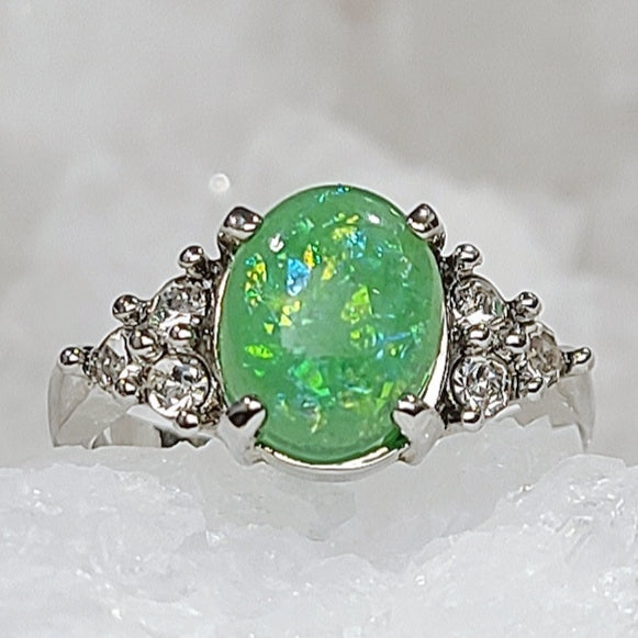 Green Opal Oval Sterling Silver Plated Ladies Ring- Sizes 6.25, 7, 9, 9.5