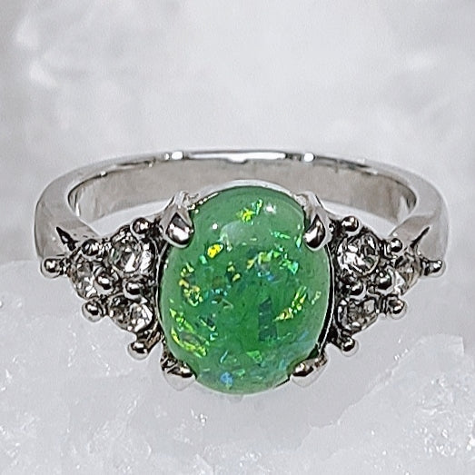 Green Opal Oval Sterling Silver Plated Ladies Ring- Sizes 6.25, 7, 9, 9.5