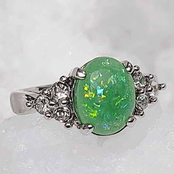 Green Opal Oval Sterling Silver Plated Ladies Ring- Sizes 6.25, 7, 9, 9.5