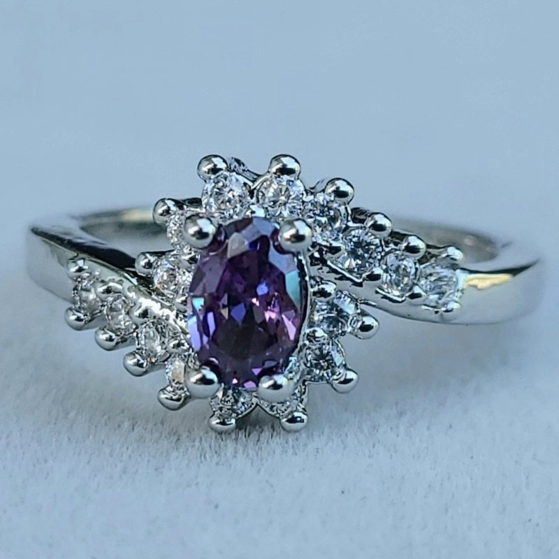 Purple Oval Amethyst and Swirly Sapphires Sterling Silver Plated Ladies Ring- Sizes 6, 7.25, 9