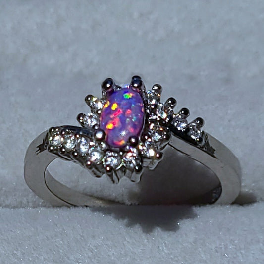 Purple Oval Opal and Swirly Sapphires Sterling Silver Plated Ladies Ring- Sizes 8, 9