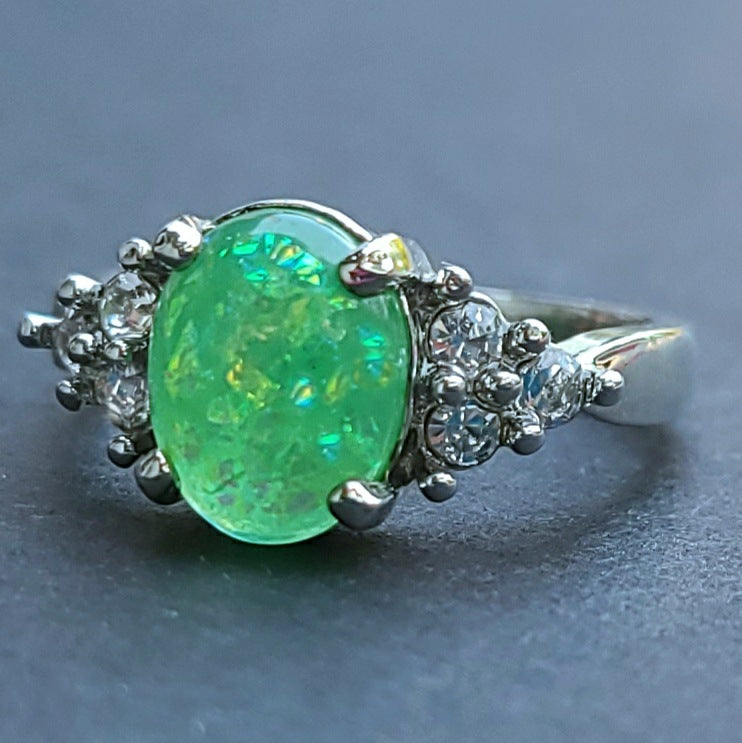 Green Opal Oval Sterling Silver Plated Ladies Ring- Sizes 6.25, 7, 9, 9.5