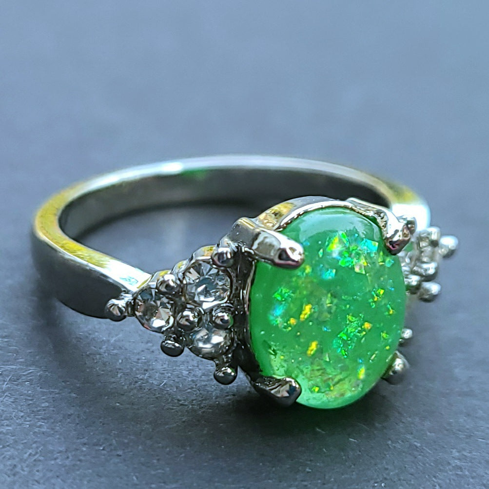 Green Opal Oval Sterling Silver Plated Ladies Ring- Sizes 6.25, 7, 9, 9.5