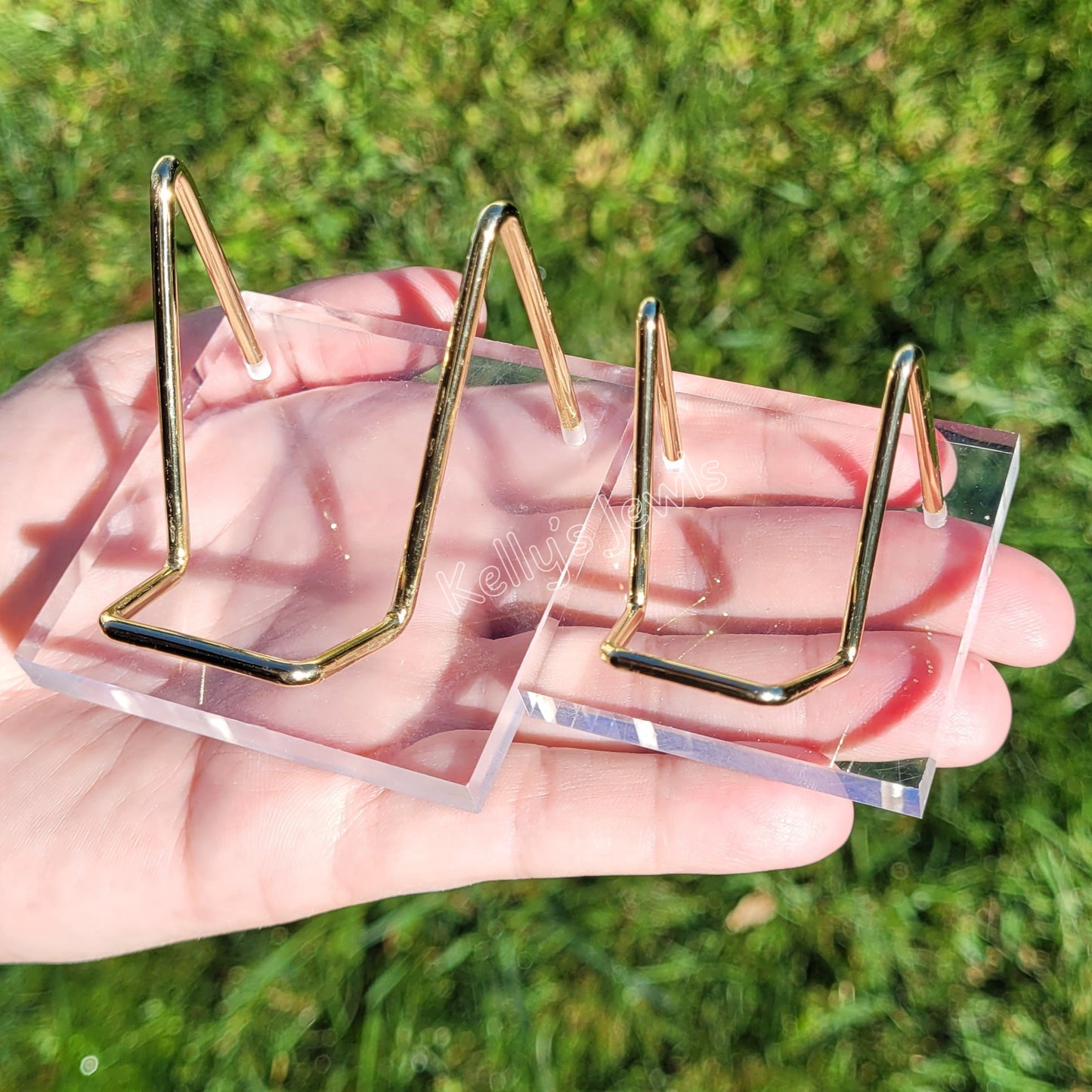 Gold Museum Style Acrylic and Metal Display Stands for Hearts, Geodes, Products in Small and Large