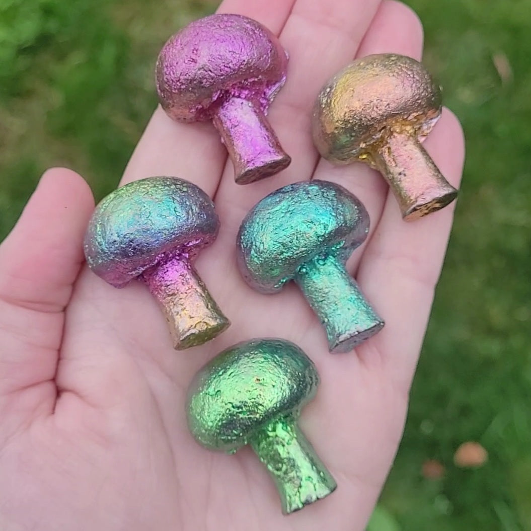 Bismuth Mushrooms in pink, blue, green, gold, and rainbow