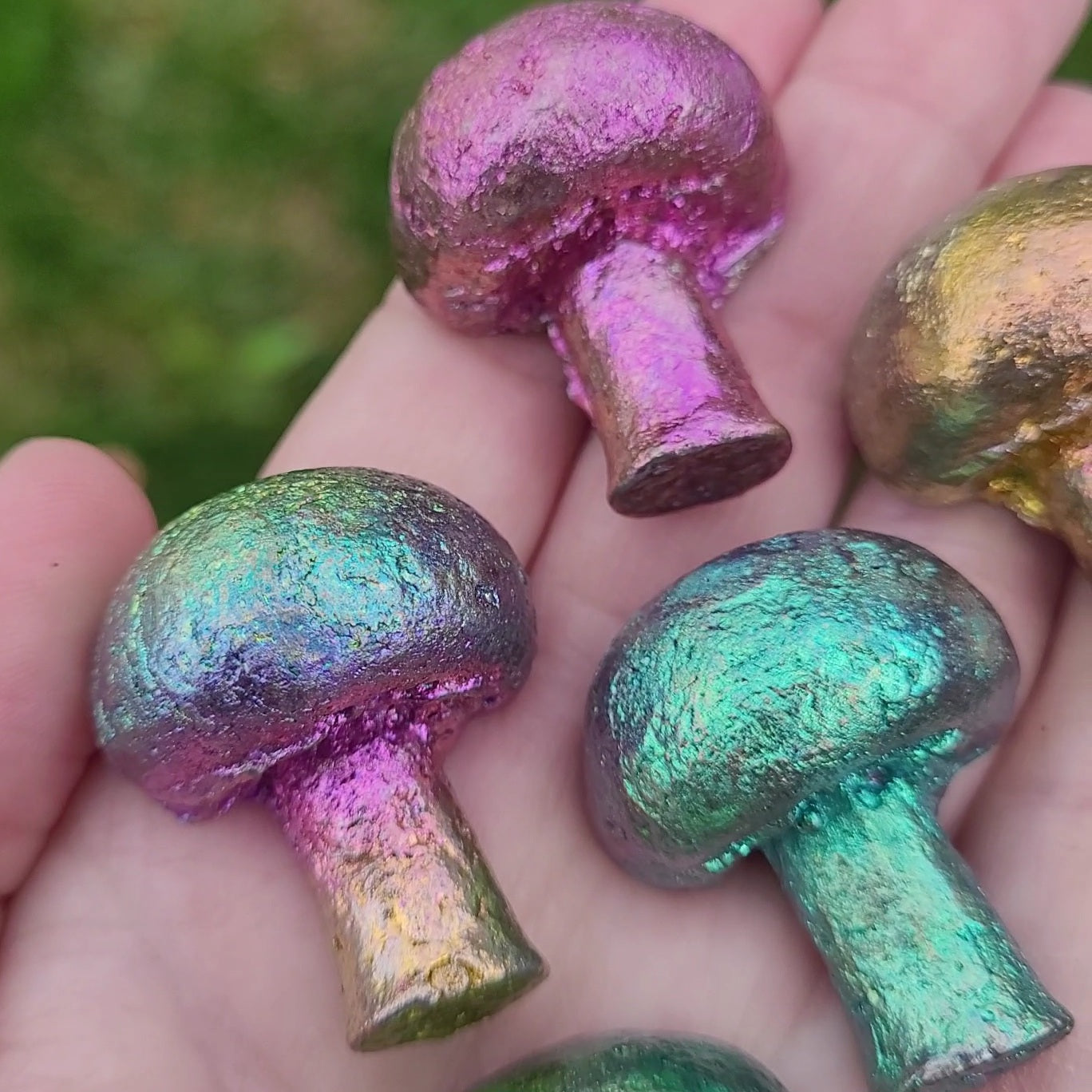 Bismuth Mushrooms in pink, blue, green, gold, and rainbow