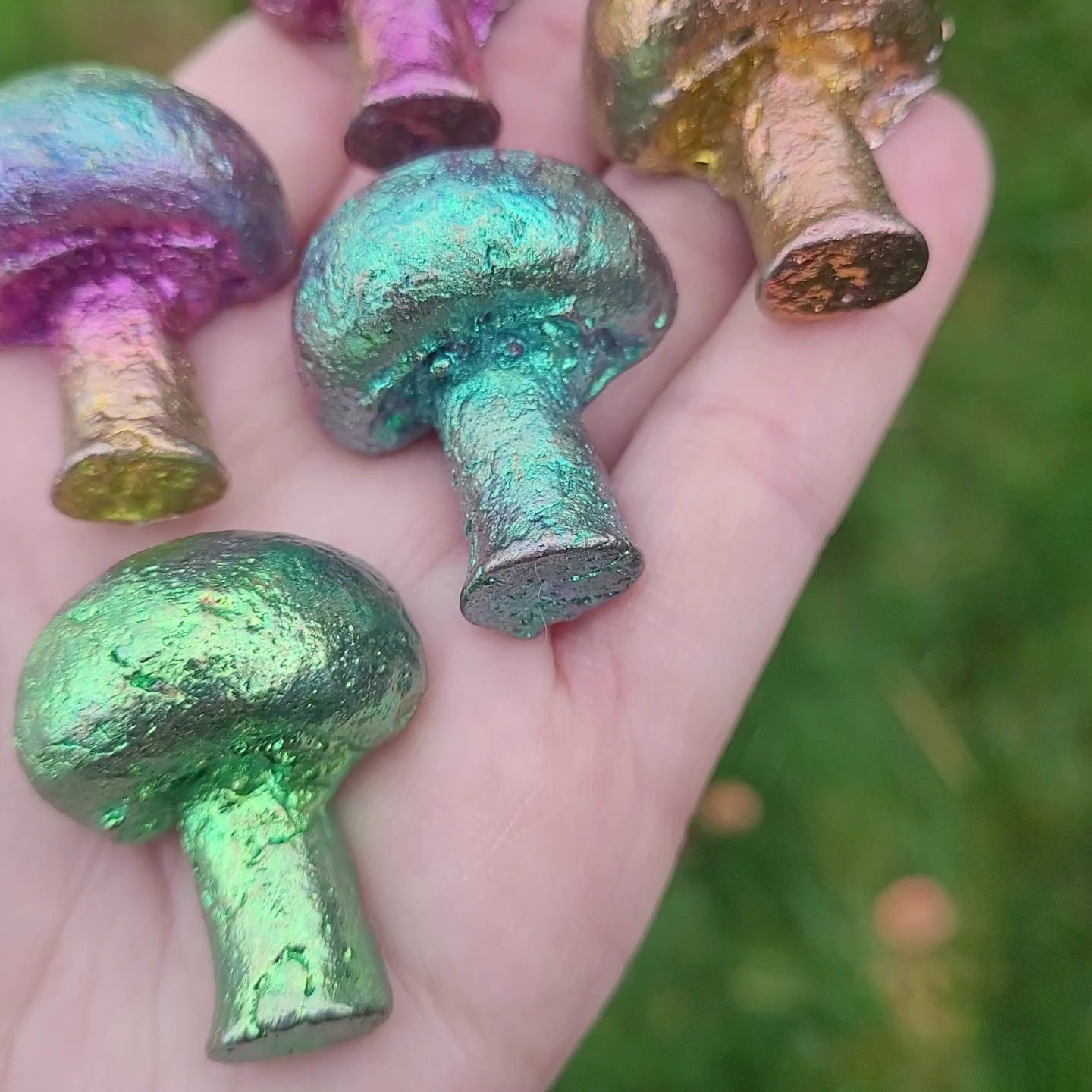 Bismuth Mushrooms in pink, blue, green, gold, and rainbow